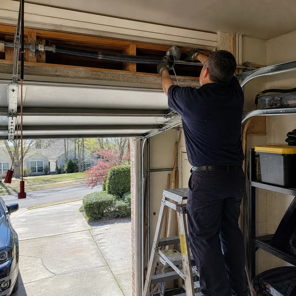 Technician performing garage door cable repair on a torsion spring