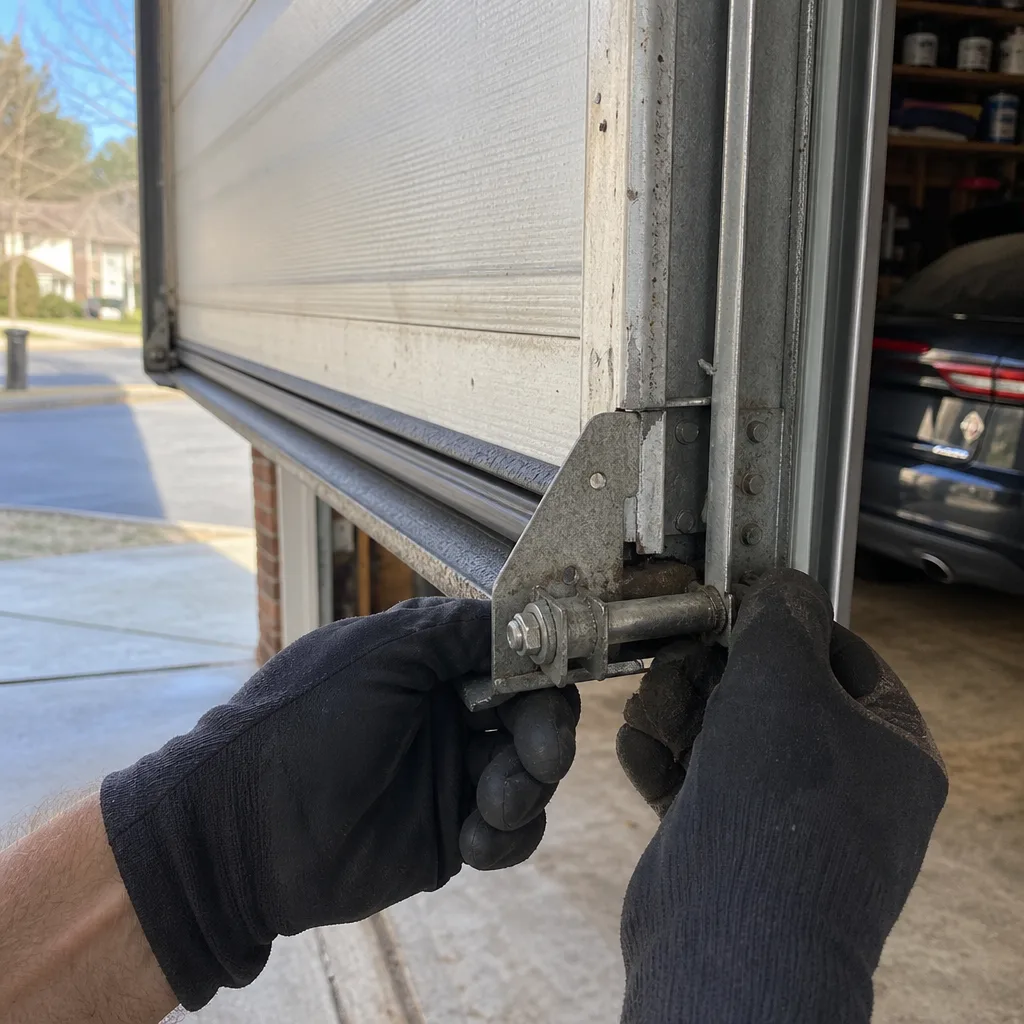 Technician performing professional garage door cable repair maintenance