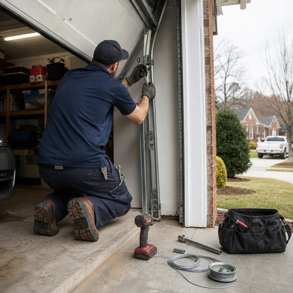 Professional technician performing a residential garage door cable repair