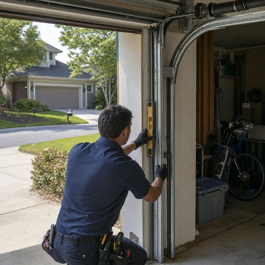 Technician using a level to repair a residential garage door track