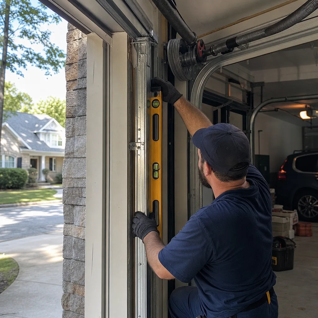 Technician using a level to install or repair garage door tracks