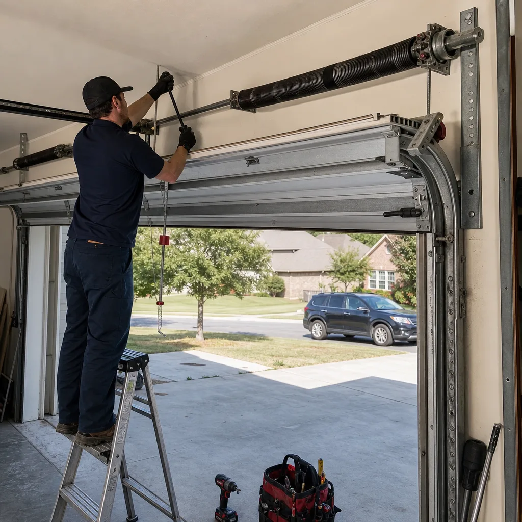 Professional technician repairing residential garage door torsion spring system