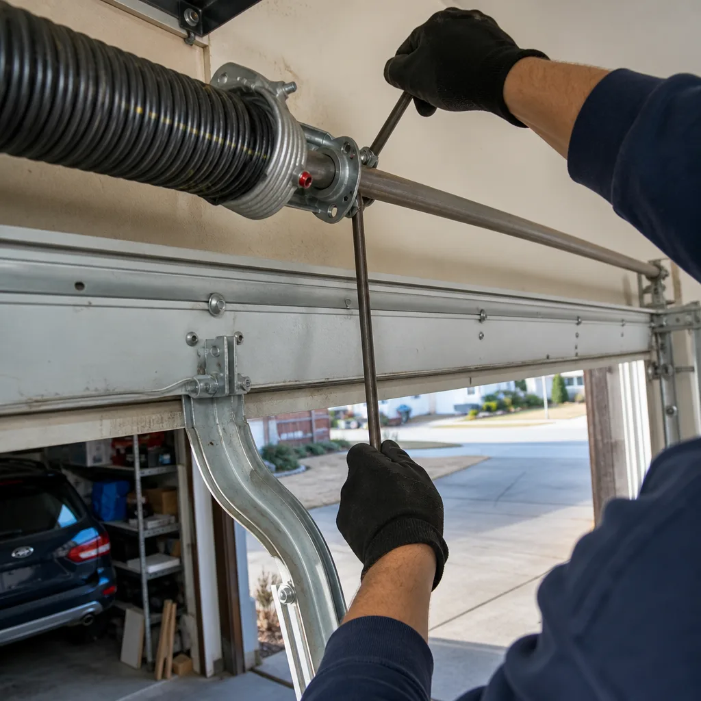Technician performing professional garage door torsion spring repair using winding bar