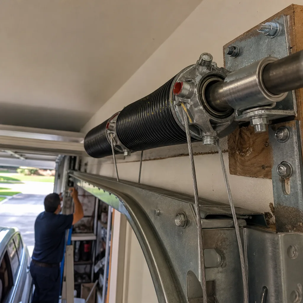Technician performing professional garage door torsion spring repair service