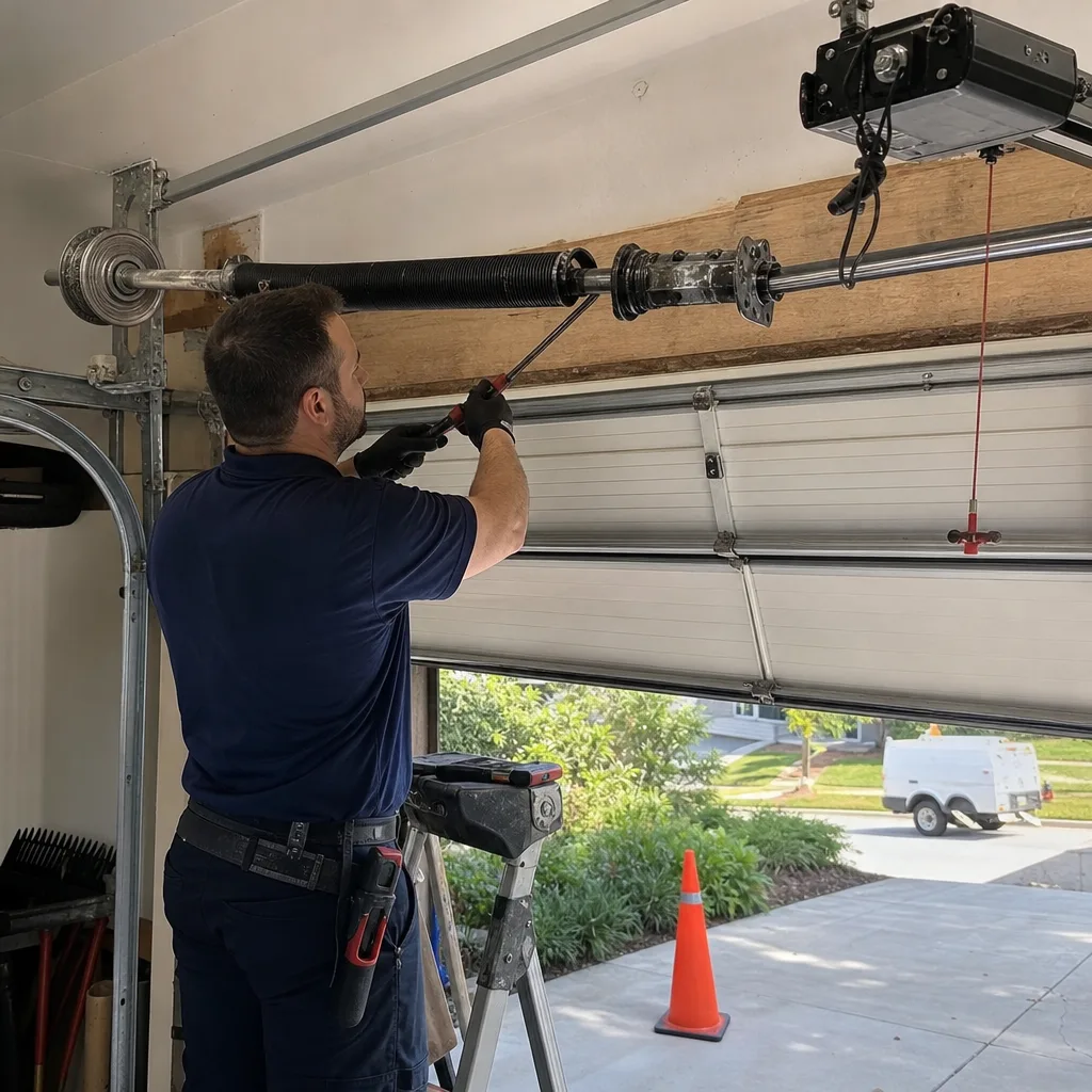 Technician performing professional garage door torsion spring repair service